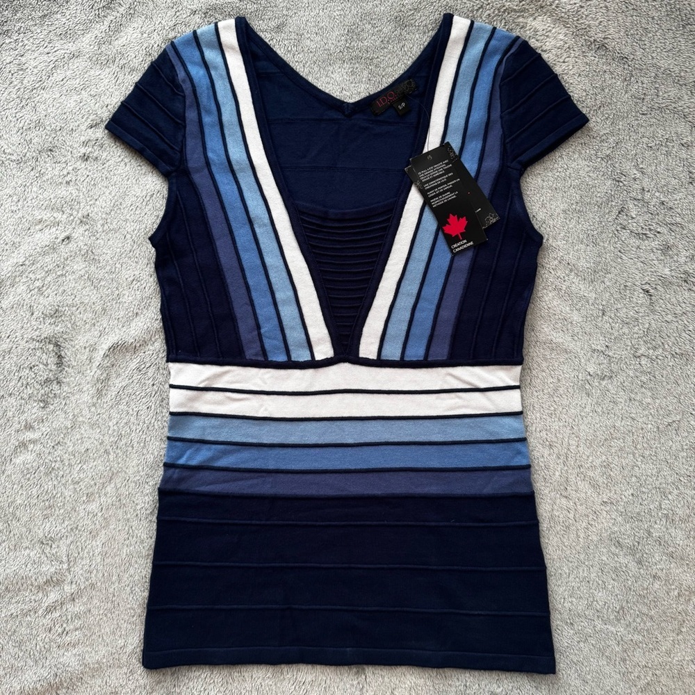 NWT I.D.O. La Vie Y2K Ribbed Bandage Sweater Navy/Blue/White Striped - S